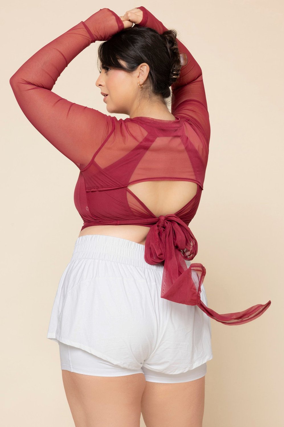 Bow Back Long Sleeve Mesh Top - Ruby