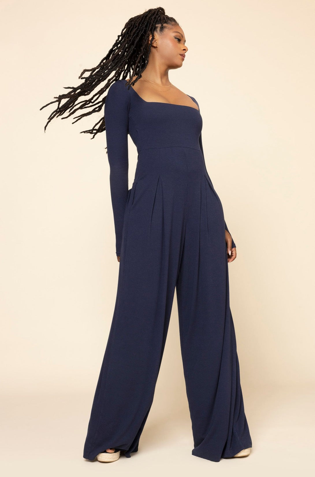 Go With The Flow Long Sleeve Jumpsuit - Cosmic Navy