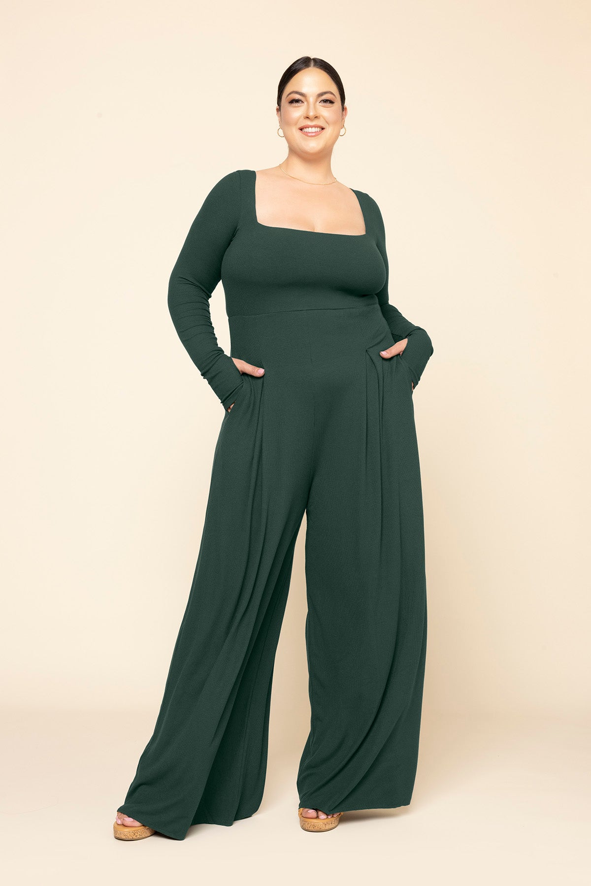 Go With The Flow Long Sleeve Jumpsuit -  Pine