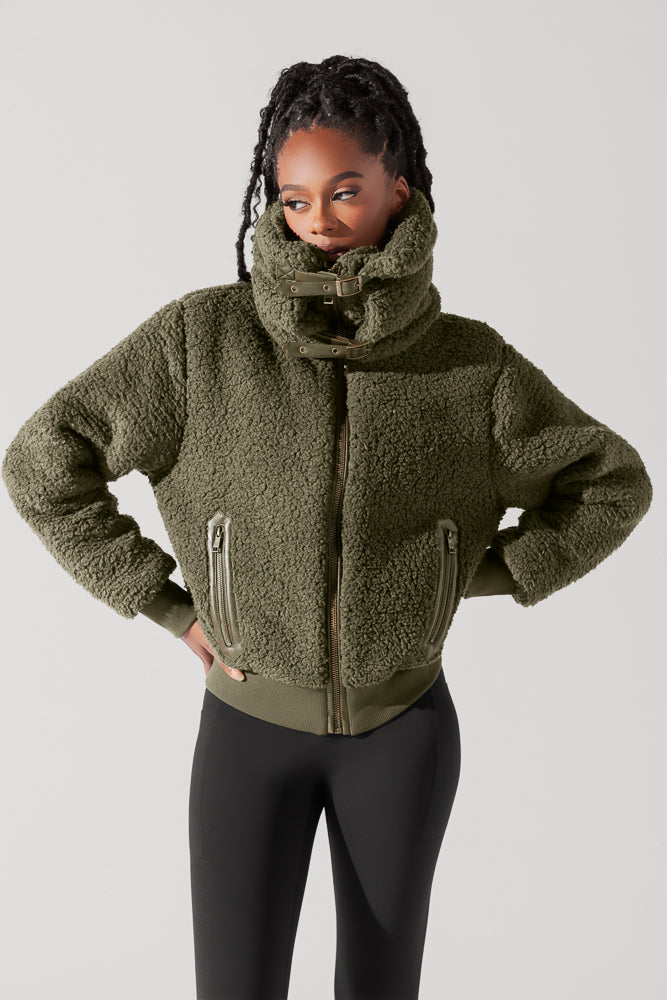 The Kinsley Bomber Jacket in Faux Sherpa - Olive – POPFLEX®