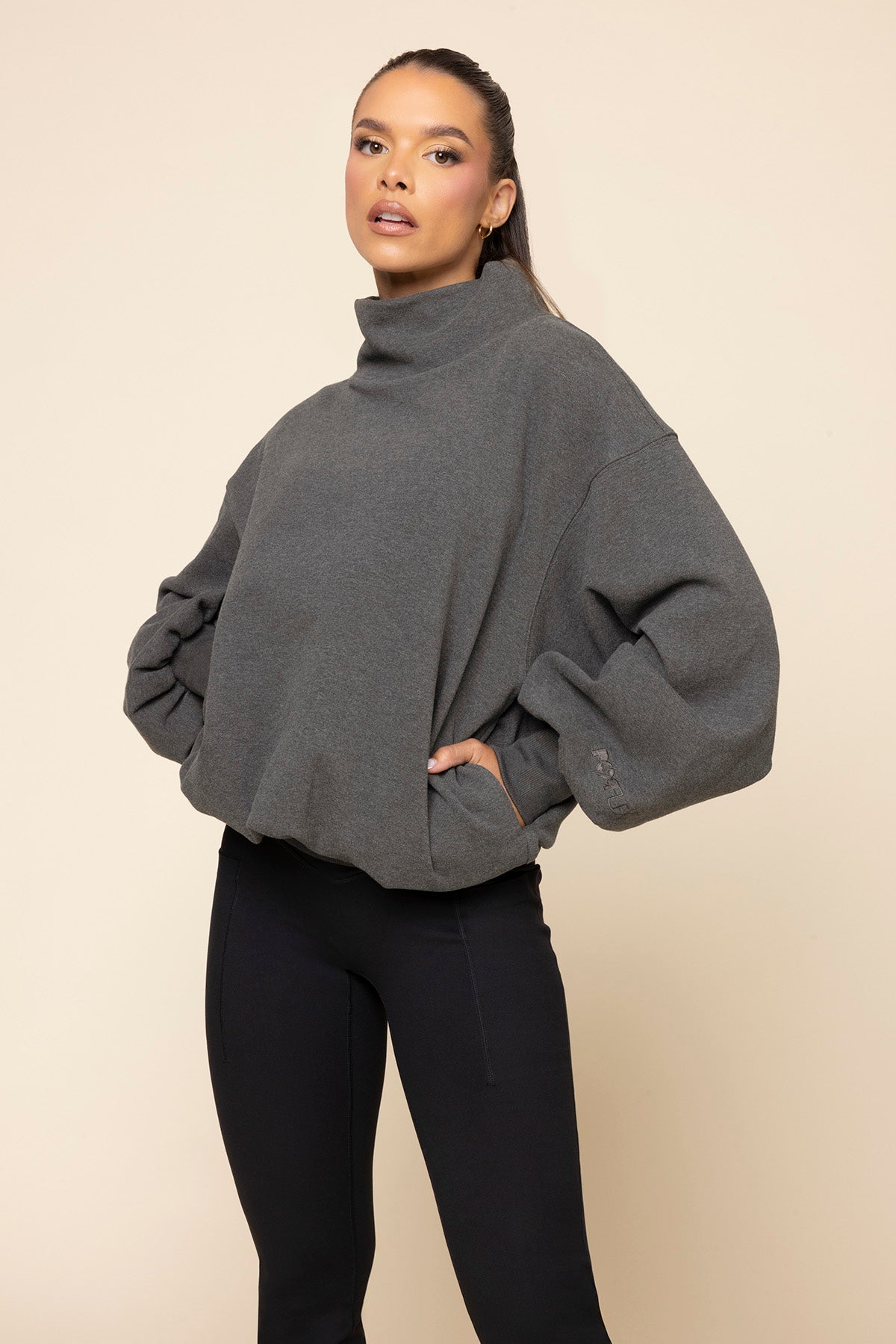 Ooey Gooey Mockneck Sweatshirt with Pockets - Charcoal Heather